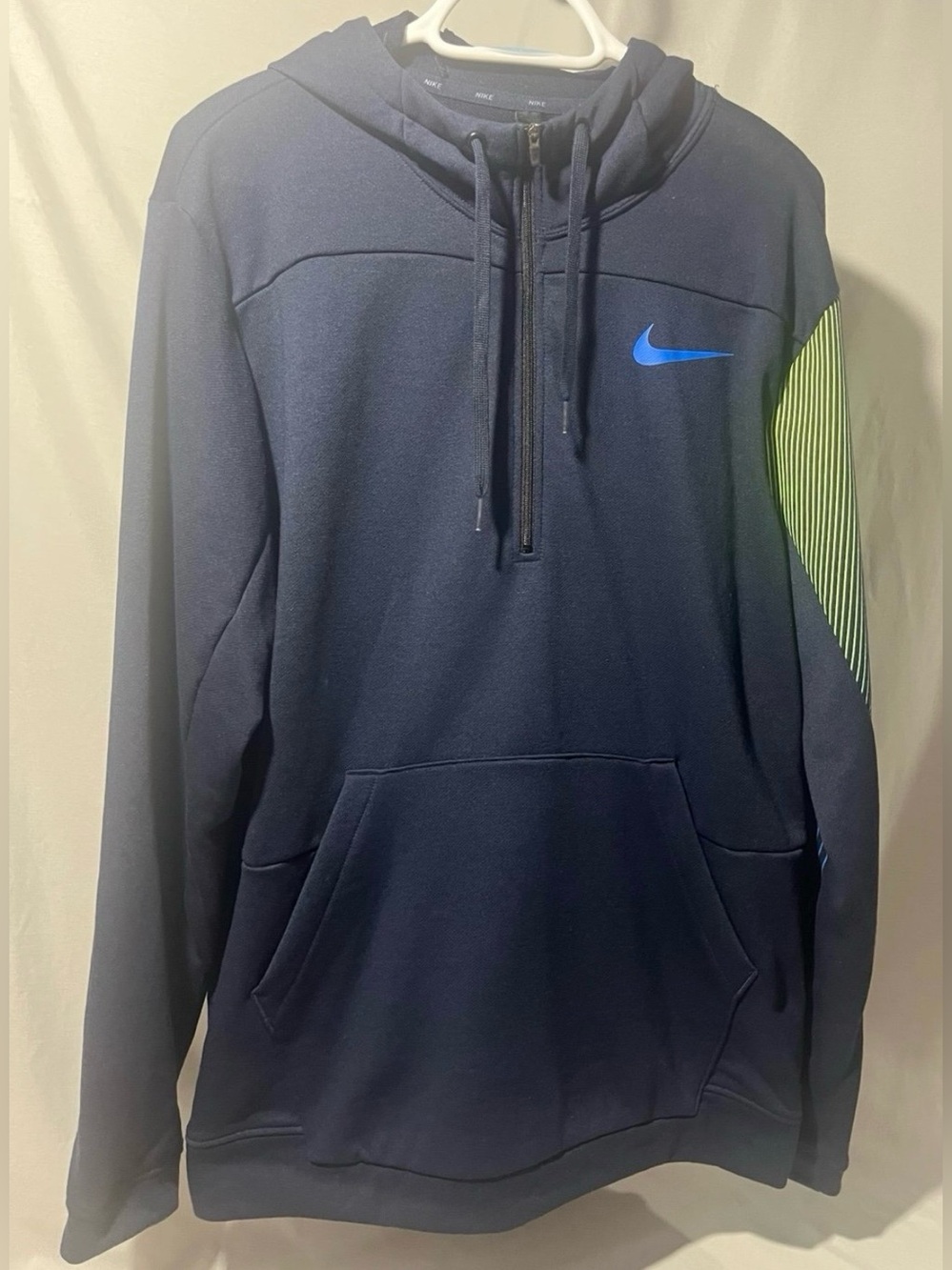 Nike Navy Hoodie with Half Zip & Blue Swoosh and Lime Sleeve Stripe